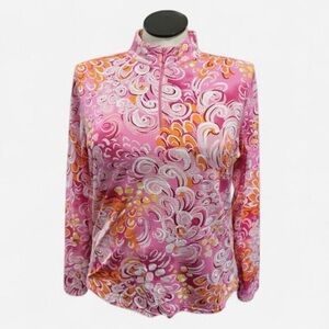 Ibkul Pink, white & Orange Swirls Print Sun Shirt Size M.